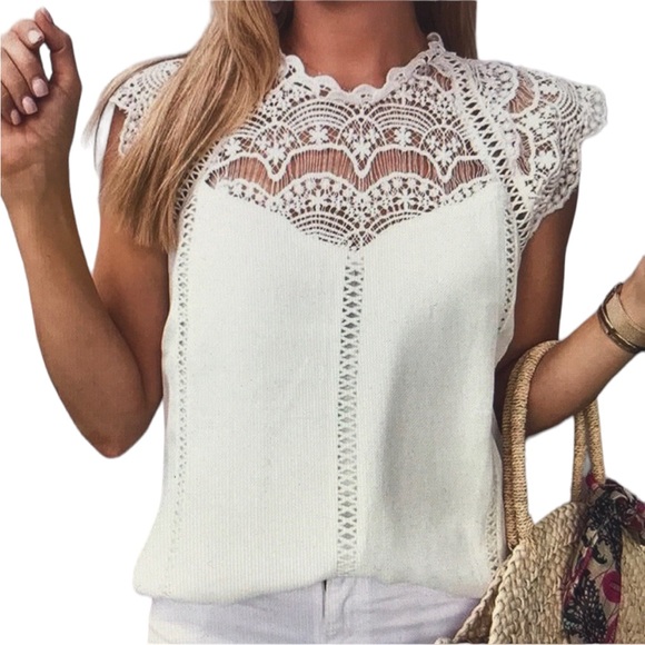 CBR Tops - Crochet Lace Trim Splicing Casual Blouse